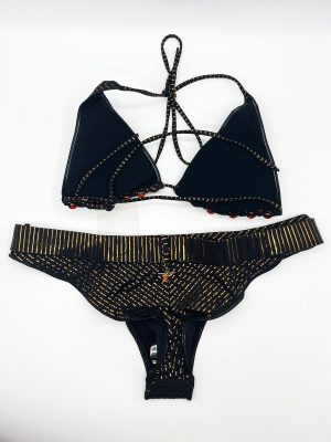 BIKINI TRIANGOLO IMBOTTITO PERLE SLIP CULOTTE CON CINTURA SEERSUCKER - immagine 3