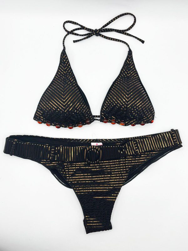 BIKINI TRIANGOLO IMBOTTITO PERLE SLIP CULOTTE CON CINTURA SEERSUCKER