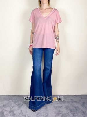KONTATTO T-SHIRT SCOLLO V LUREX ROSA ANTICO