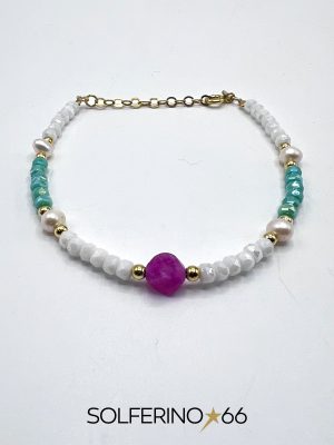 BRACCIALE DORATO SFERE BIANCHE/VERDE MARE/LILLA