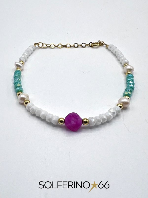 BRACCIALE DORATO SFERE BIANCHE/VERDE MARE/LILLA