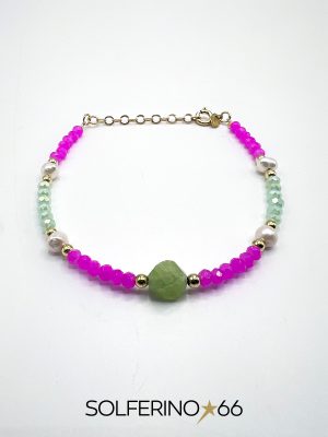 BRACCIALE DORATO SFERE VERDE MARE/BIACHE/FUCSIA