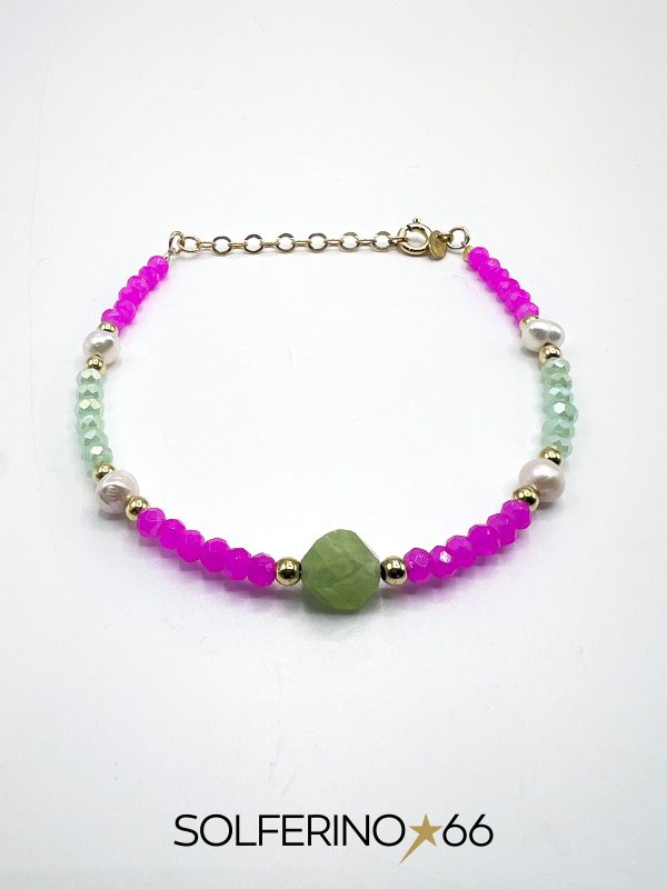 BRACCIALE DORATO SFERE VERDE MARE/BIACHE/FUCSIA