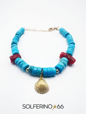 BRACCIALE DORATO RONDELLE MEDIE AZZURRE E CONCHIGLIA