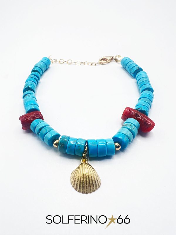 BRACCIALE DORATO RONDELLE MEDIE AZZURRE E CONCHIGLIA